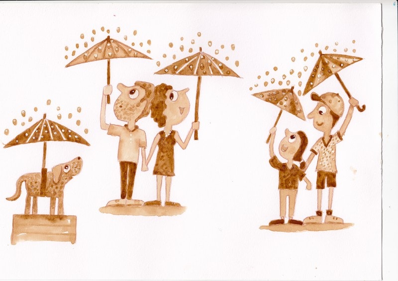 fun painting using coffee with umbrellas and dogs
