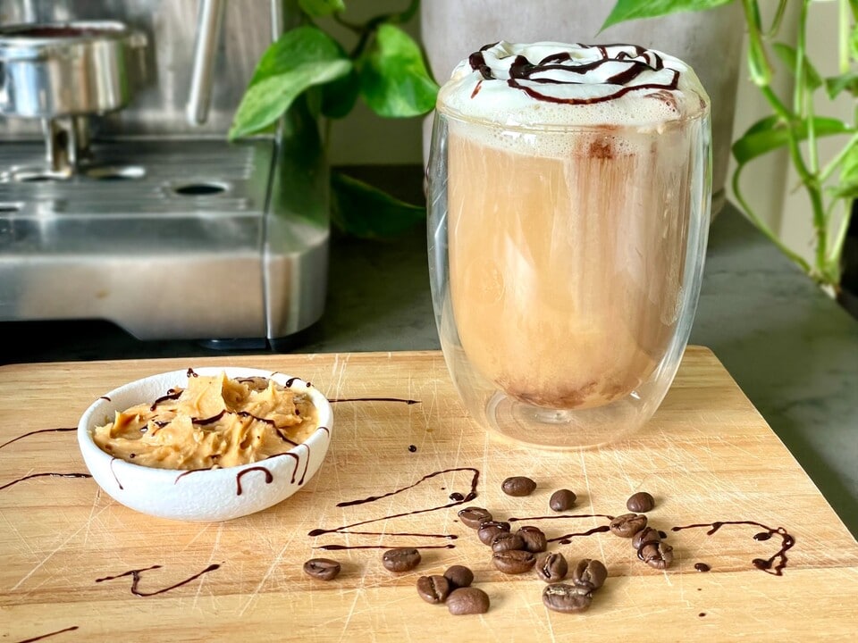 peanut butter coffee with whipped cream and chocolate sauce
