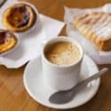 Portuguese coffee galao and pastel de nata
