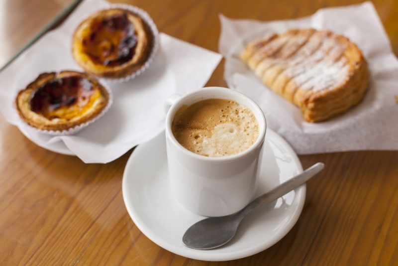 Portuguese coffee galao and pastel de nata