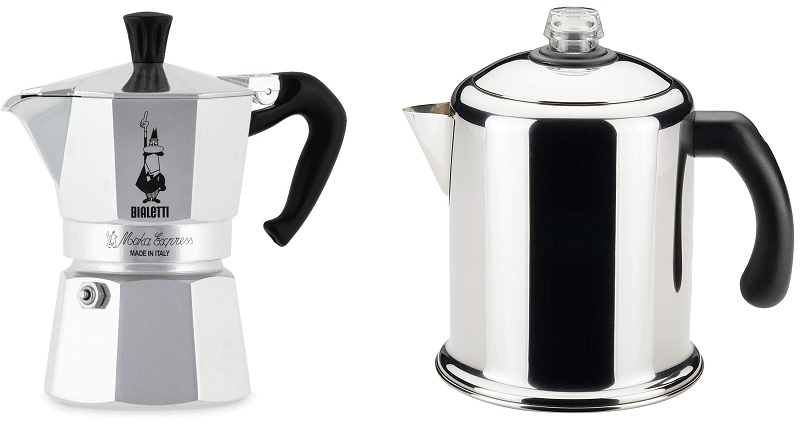 Bialetti Express Moka Pot, 1-Cup, Aluminum Silver vs Farberware 50124 Classic Yosemite Stainless Steel Coffee Percolator