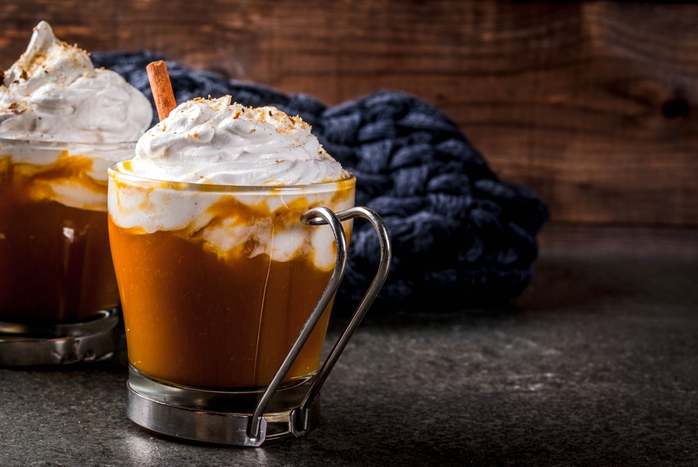 Hot and spicy aromatic pumpkin latte with cinnamon