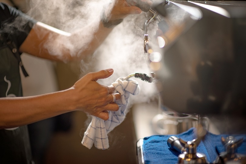 barista cleaning steaming coffee machine