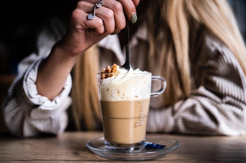 butterbeer latte with caramel and whipped cream