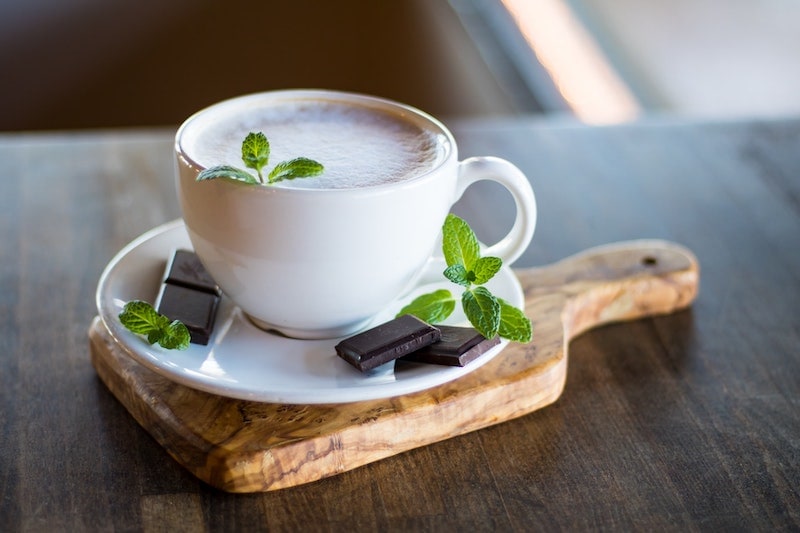 coffee with chocolate and mint leaves