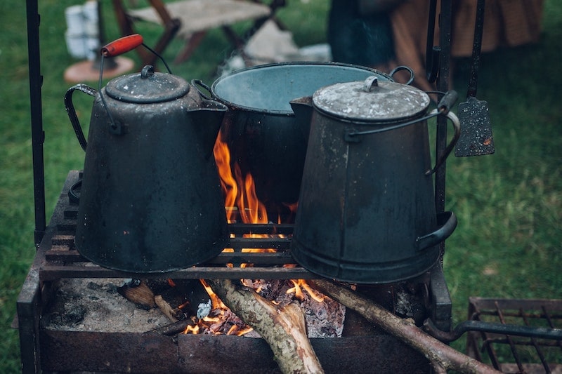 percolators on open fire camping coffee