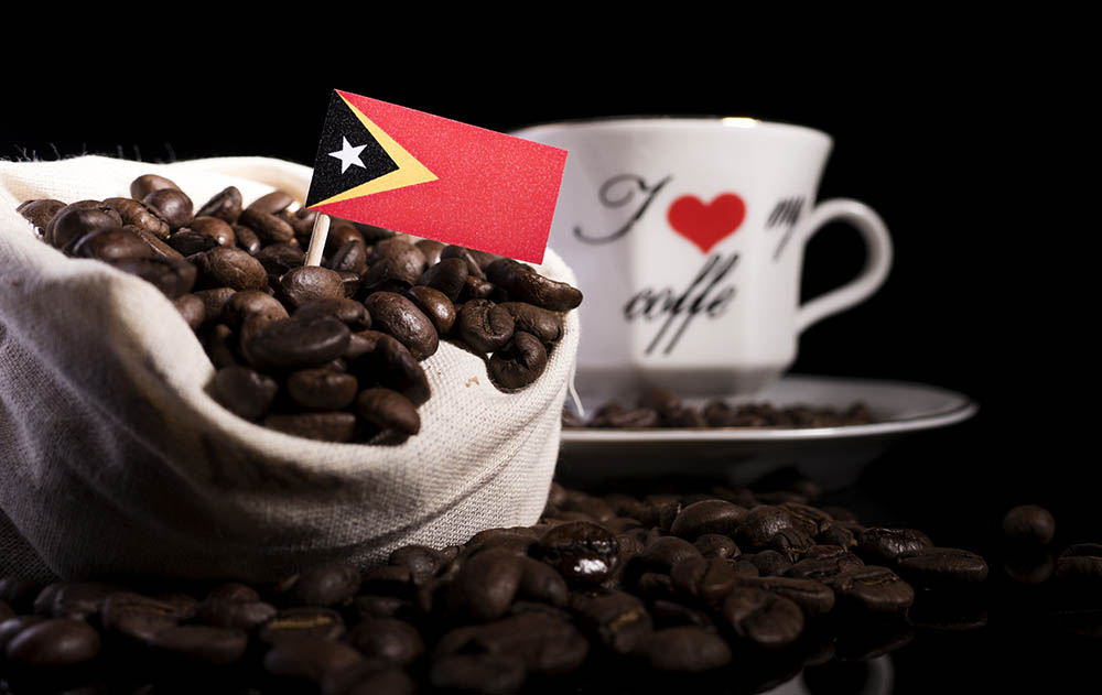 bag of coffee beans with East timor flag