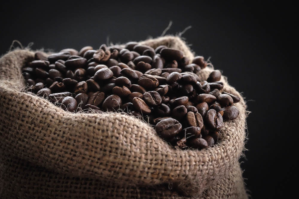 close up bag of coffee beans