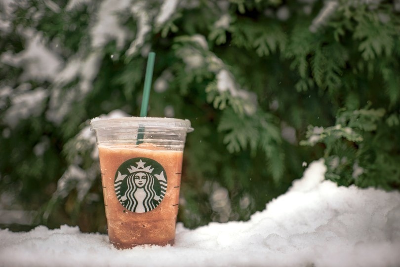 Чашка кави Starbucks на снігу