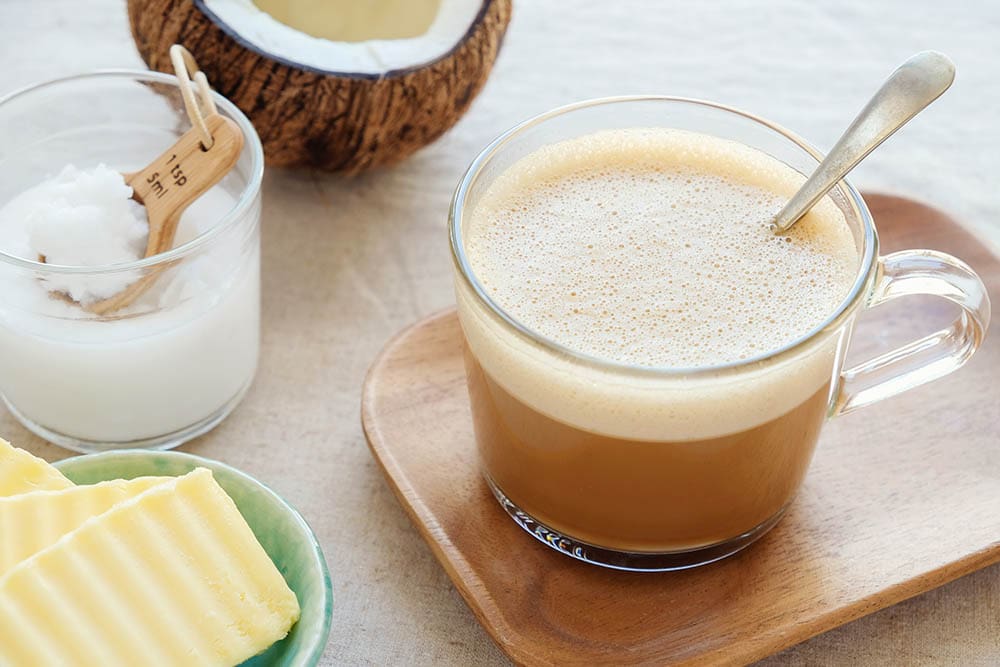 close up bulletproof coffee with ingredients