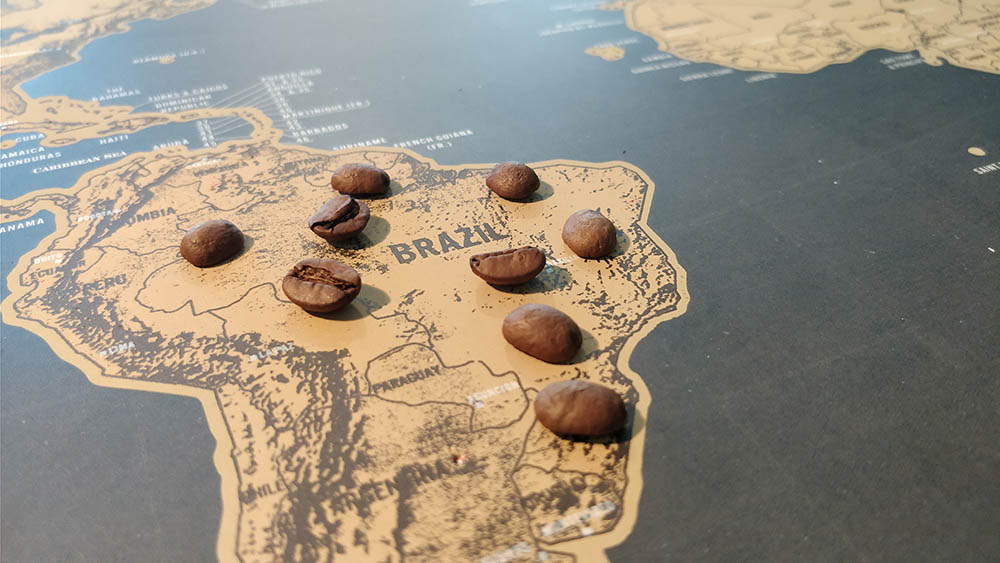 coffee beans with map of Brazil