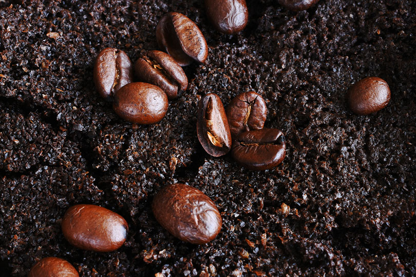 close up of coffee grounds and coffee beans