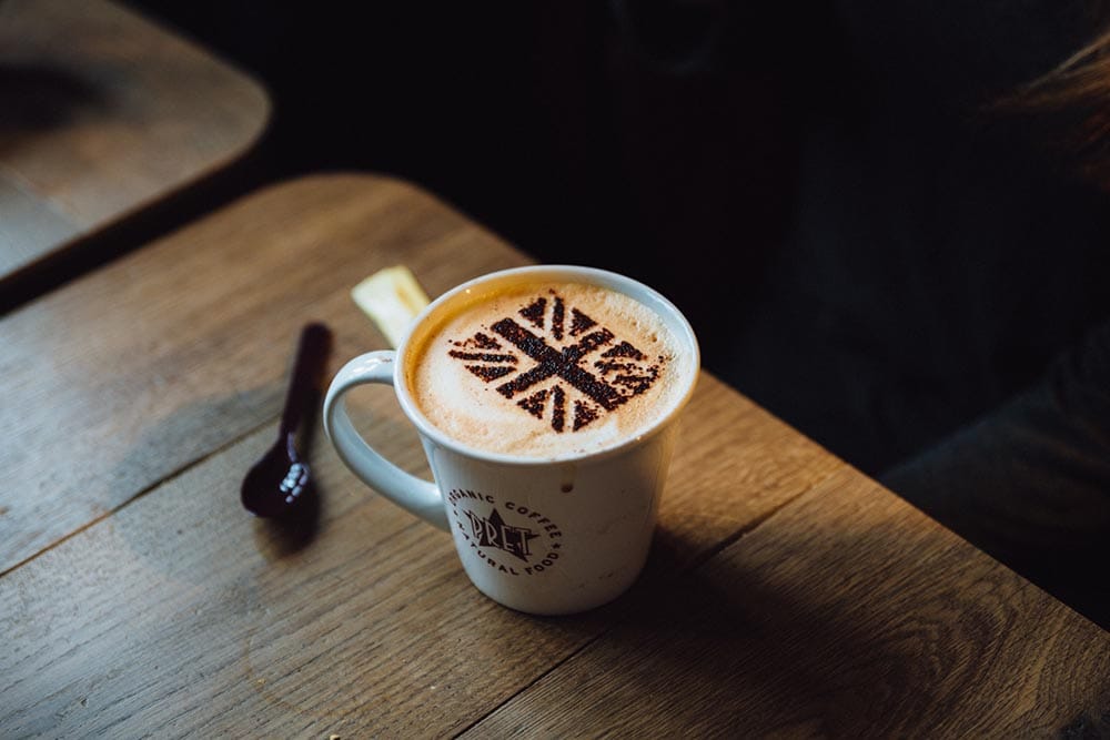 coffee with UK flag latte art