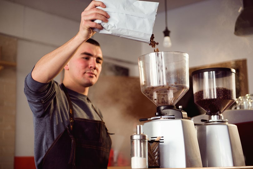 male barista pouring coffee beans in a coffee maker