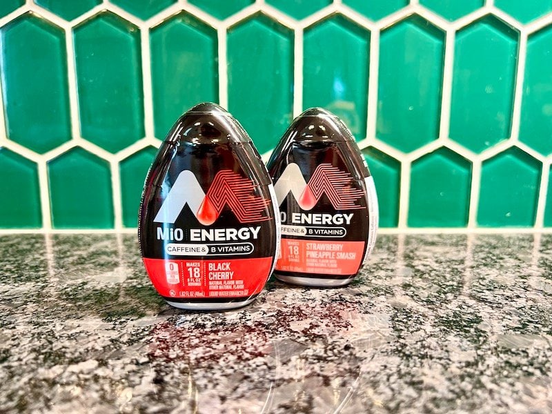 MiO Energy water enhancers with caffeine on counter